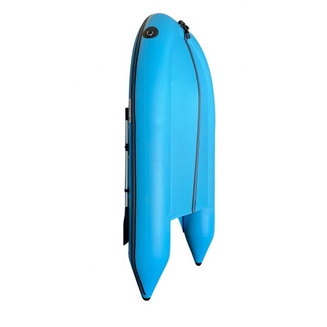 Underside view of the hull of the blue OZEAM 200 inflatable boat