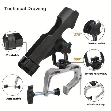 Adjustable Boat Fishing Rod Holder with Aluminum Clamp (360º Rotation)